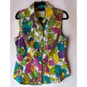 David Meister Sleeveless Floral Collared‎ Button Front Blouse Top Size 6